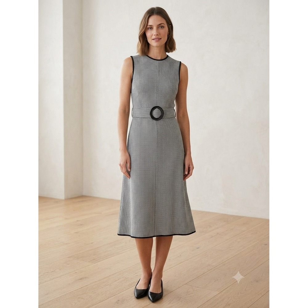 Caitlin Womens Black White Houndstooth Sleeveless Belted Midi Dress XS W1M8569